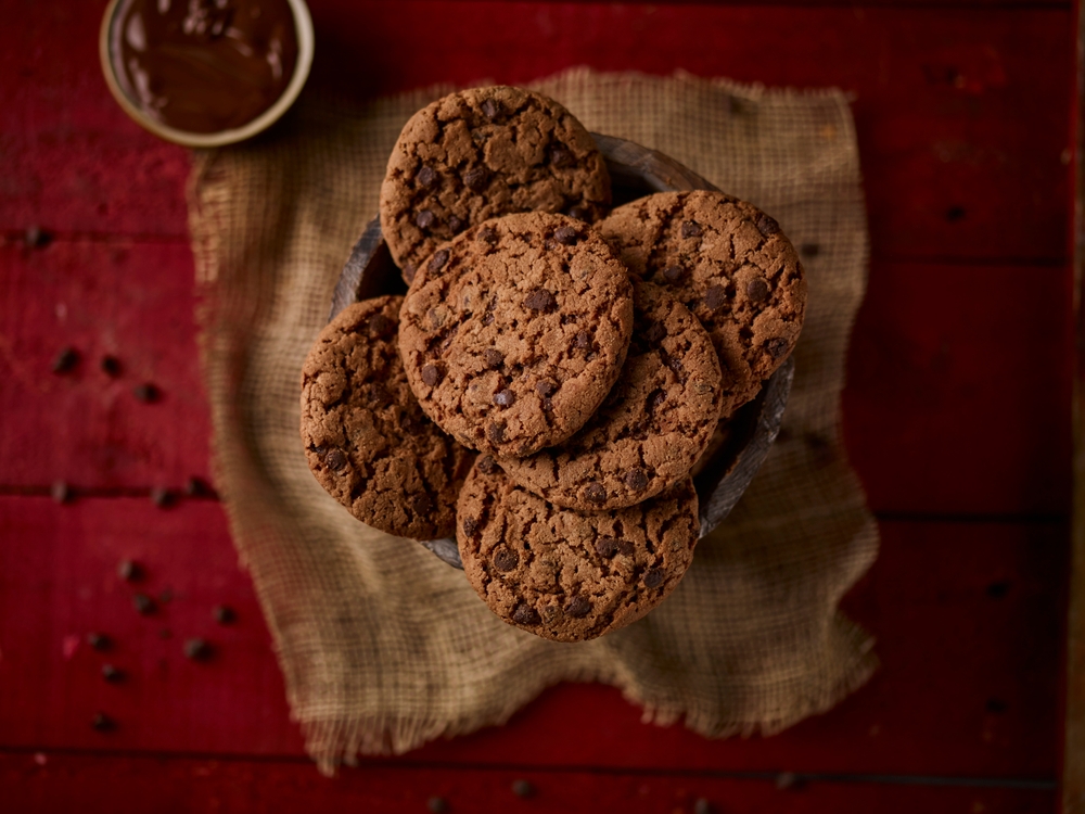 Chocolate,Chip,Cookies,Top,Shot,On,Jute.